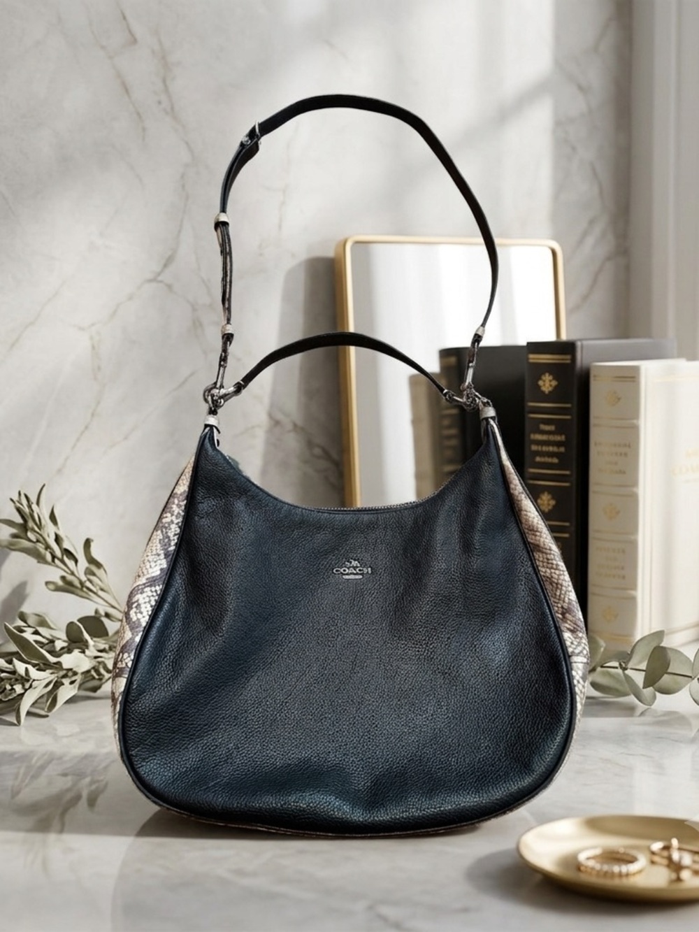 Coach Black Leather Shoulder Bag with Snake-Print Trim